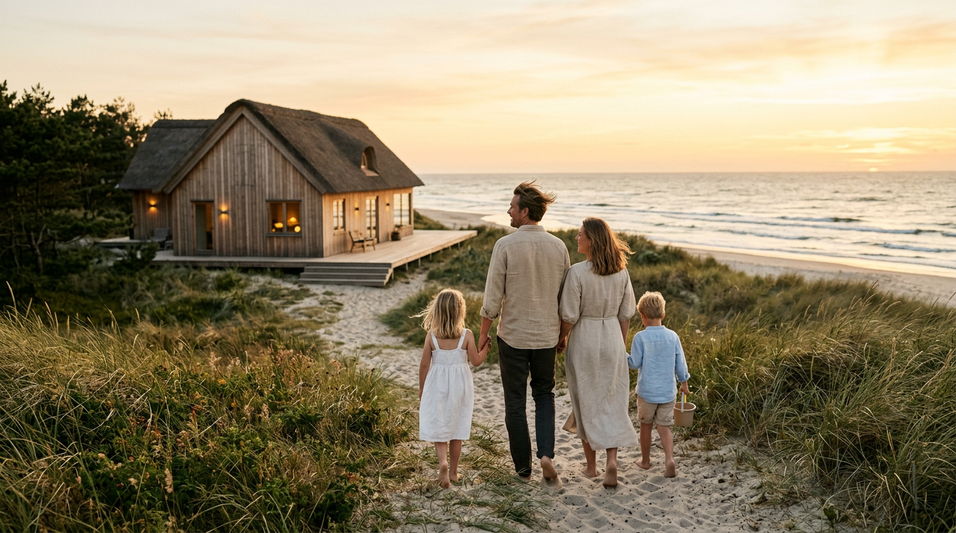 Family walking towards a holiday home at golden hour