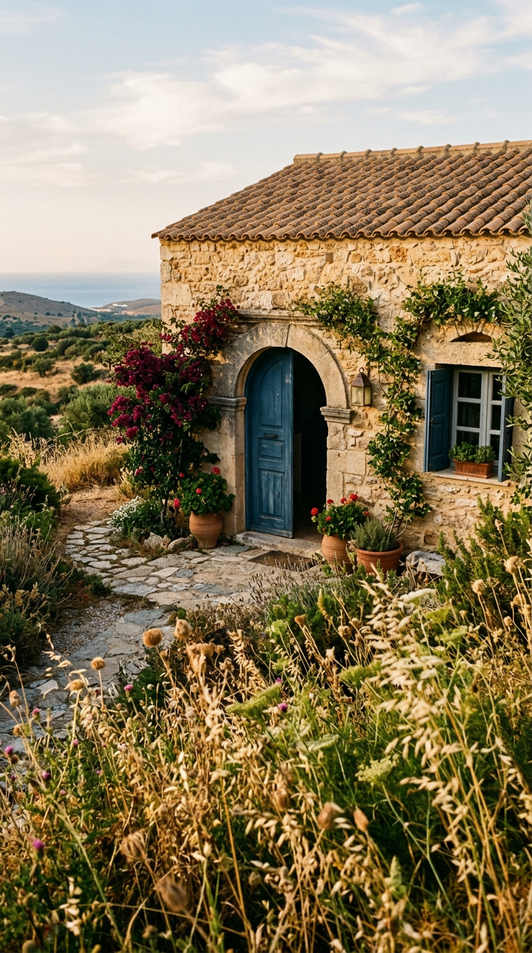 Sunlit stone holiday home with a blue doorway